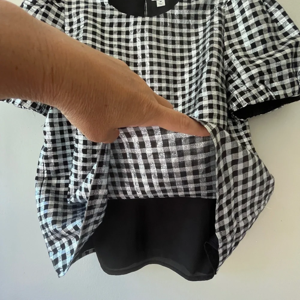 J. Crew Sz M Gingham Metallic Puff Sleeve Blouse Top Lined Round Neck Pullover‎